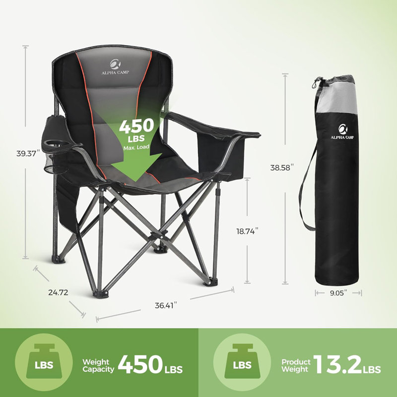 Folding Camping Chair Oversized Heavy Duty Padded Outdoor Chair With Cup Holder Storage And Cooler Bag,  Capacity, Thicken Oxford,2 Pack