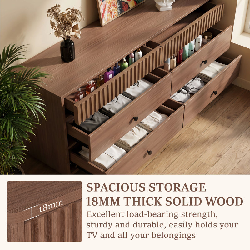160cm Walnut Tv Stand Cabinet 6-drawer Large Capacity Entertainment Center, Media Console For Living Room Bedroom, Walnut