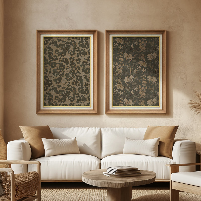 Vintage Floral Pattern Dark Green Set - Set of 2 Premium Framed Wall Art Print on Paper 26"x36", Natural