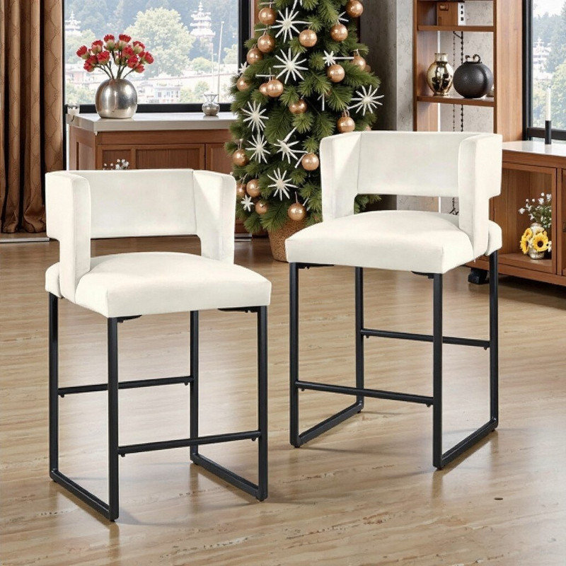 Ensemble de 2 tabourets de comptoir en velours avec pieds en acier inoxydable, hauteur de comptoir 27 po, Crème