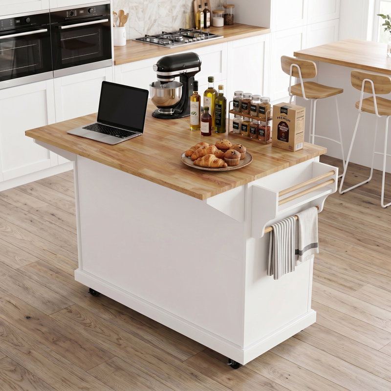 Îlot de cuisine en bois d'hévéa de 54 pouces avec abattant, chariot roulant à texture gaufrée, 4 roues, 4 portes et 3 tiroirs pour la salle à manger de cuisine