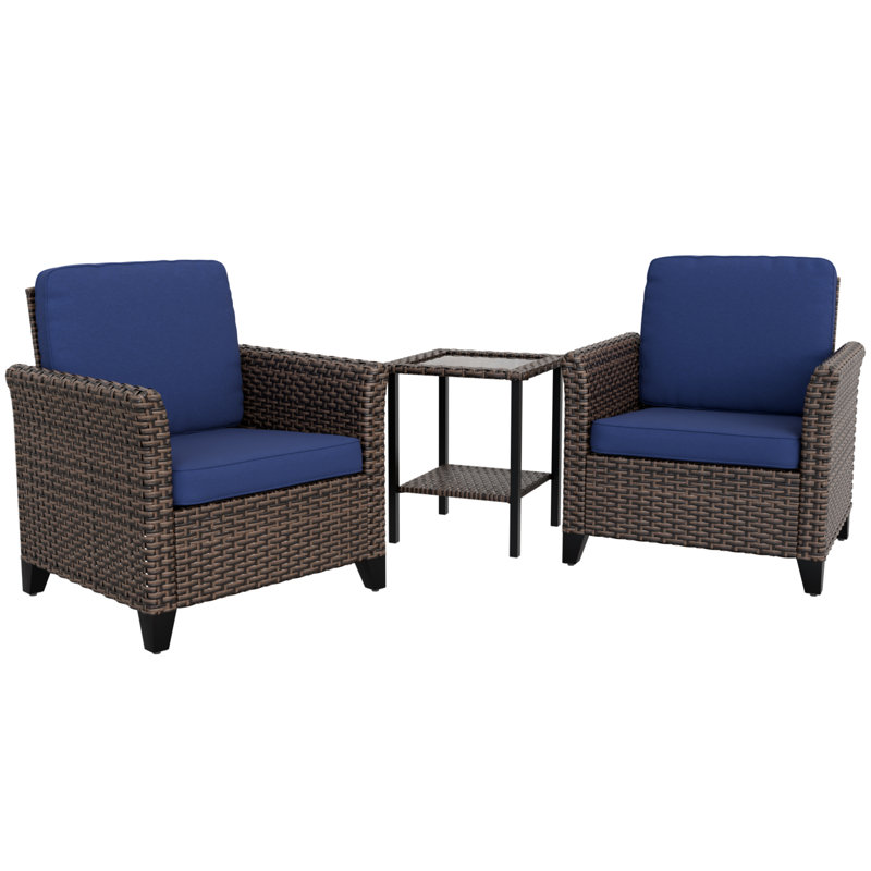 Blue Cushioned 3-Piece Black Steel Wicker Patio Set
