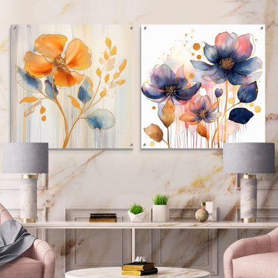 Blooms bleu et beige harmonieux - ensemble abstrait d'art mural en verre acrylique sur 2