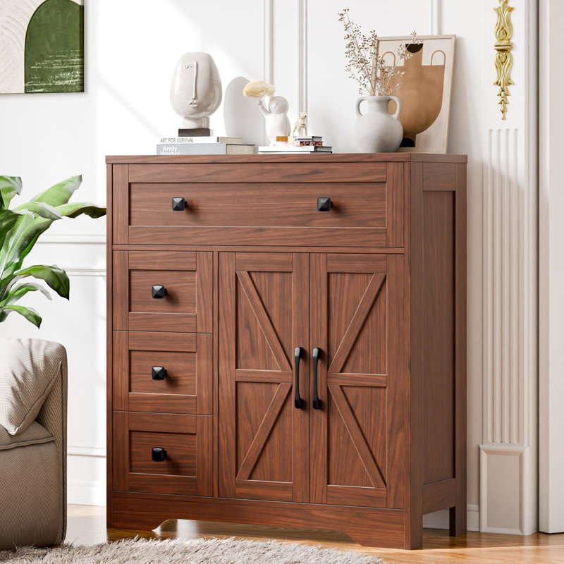 Armoire de rangement Farmhouse avec 2 portes et 4 tiroirs, Noyer