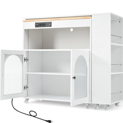 Rolling Kitchen Storage Island With 2 Fluted Glass Doors, White, Compact - Extended Table, Led Lights, Ports, Door, White