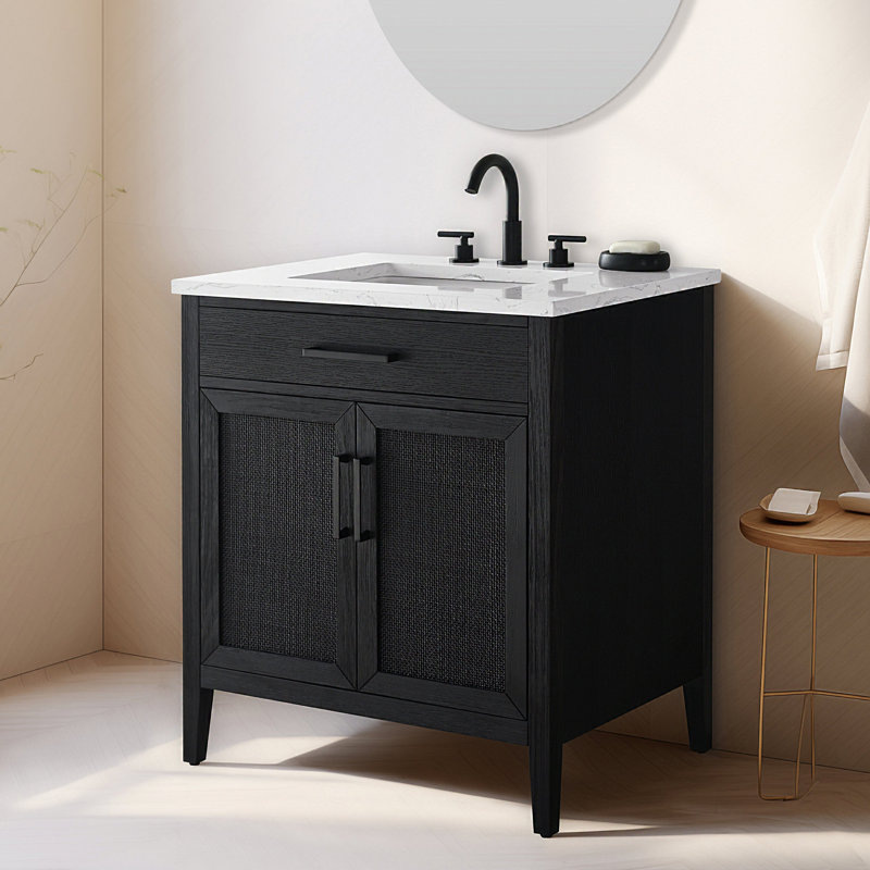Sebastiano 30'' Single Bathroom Vanity with Engineered Stone Top, Black Oak/Matte Black