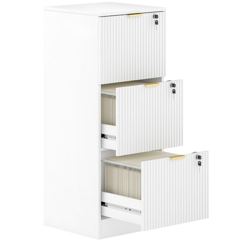 White Fluted Vertical File Cabinet, 3 Lockable Drawers with Hanging Rails for Home Office