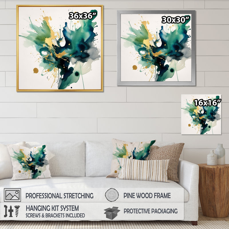 Bleu foncé, turquoise et or I, H 30 po x l 30 po x P 1 po, Cadre flottant noir