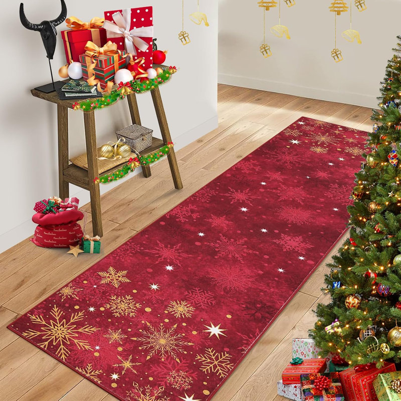 Red Christmas Runner Rug with Snowflake Pattern – Non Slip Low Pile Hallway and Kitchen Floor Carpet, Festive Holiday Decor