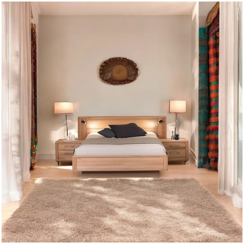 Vannatta Lite Solid Beech Wood Double Bed with LED Touch Lighting – Eco-Friendly Ukrainian Craftsmanship, Natural Linseed Oil Finish