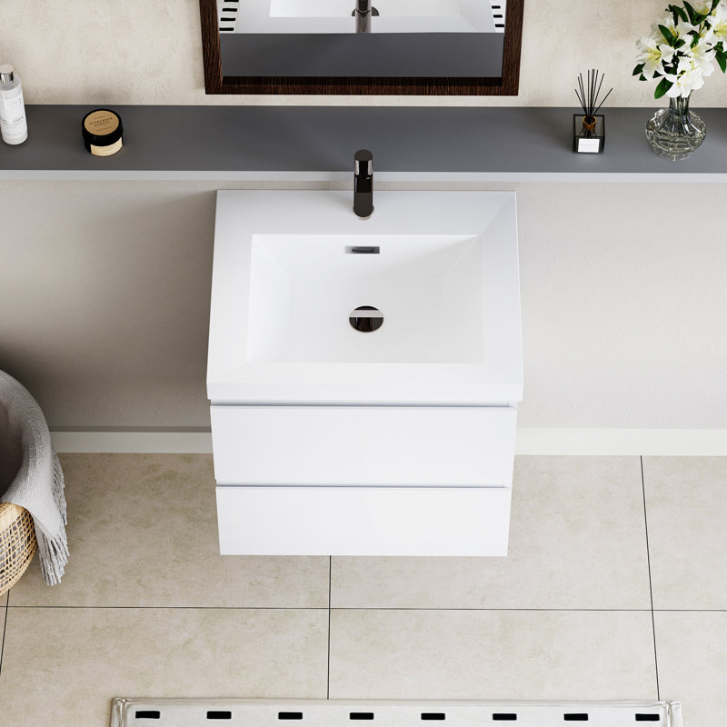 24" Glossy White Wall-Mounted Bathroom Vanity with Resin Sink