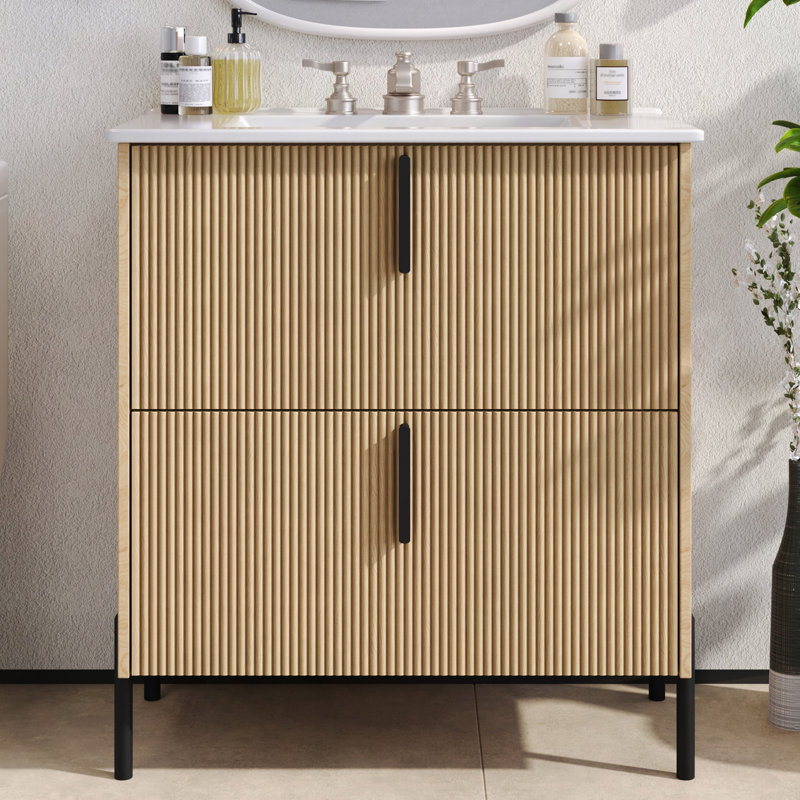 30" Bathroom Vanity with Ceramic Sink & Full-Extension Drawers | Soft-Close Undermount Slides, Fluted Design,Natural, Natural