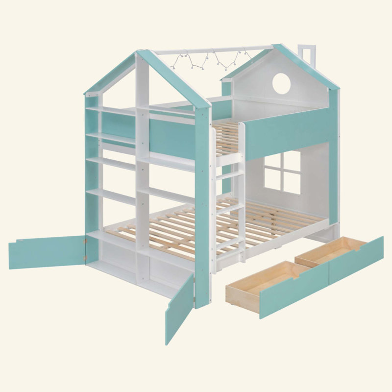 Lit superposé avec tiroirs et tablettes de rangement, lit superposé moderne en bois à deux tons avec bande lumineuse, mobilier de chambre peu encombrant