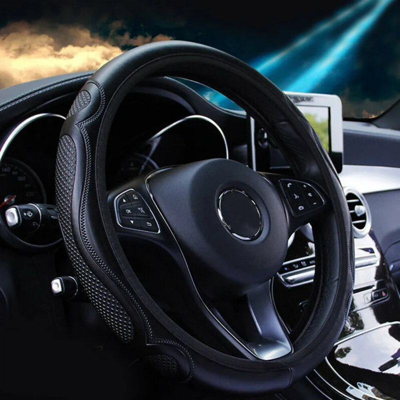 2Pcs Car Steering Wheel Cover Anti-Slip 15'' Universal Black Leather Car Accessories