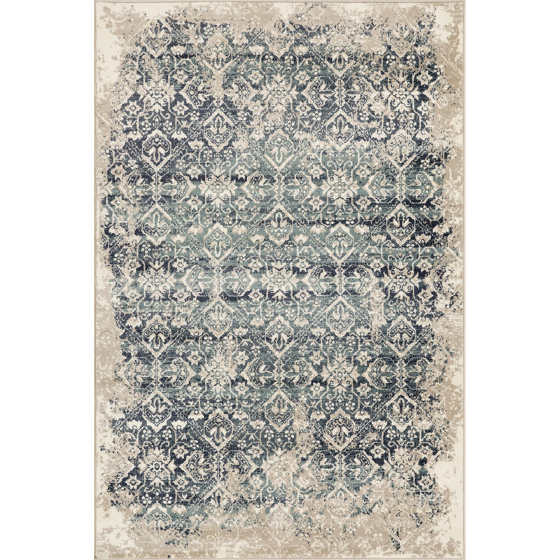 Tapis de couloir oriental ivoire et bleu 8 pi, Rectangle 3 pi x 5 pi