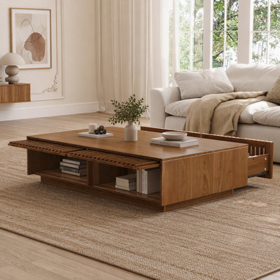 Table basse en bois massif de style Mid-Century moderne avec tiroirs de rangement à lattes, table basse rectangulaire en bois à profil bas, table de rangement cachée de style maison de campagne pour le salon