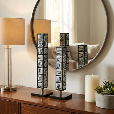 Modern Resin Towers Sculptures with Metal Frame for Home Decor - Artistic Statue Accents for Living Room or Console Decoration - Set of 2, 21", 16"