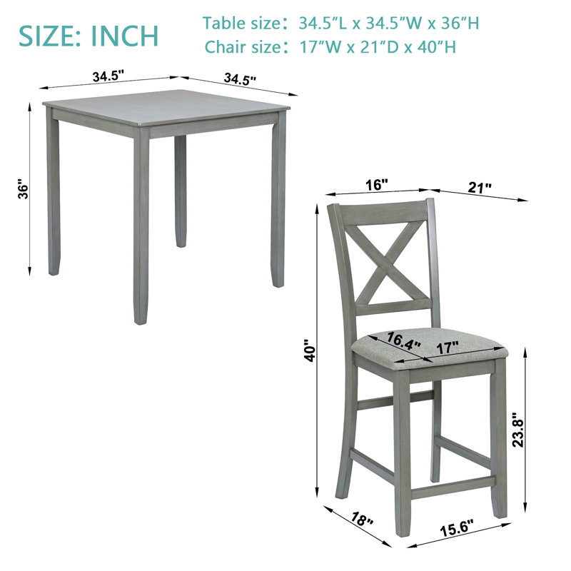 5 Piece Dining Table Set, Wooden Dining Square Table Set For 4, Counter Height Kitchen Table Set With Square Table And 4 Upholstered Chairs For Small Space