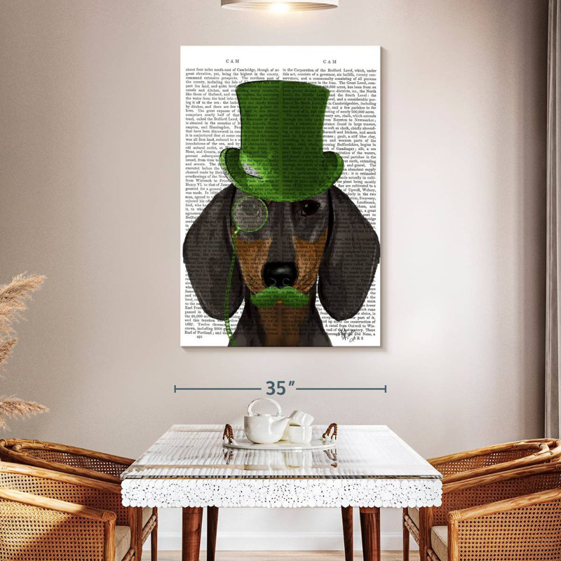 Brampt Dachshund With Green Top Hat Black Tan, 48" H x 32" W
