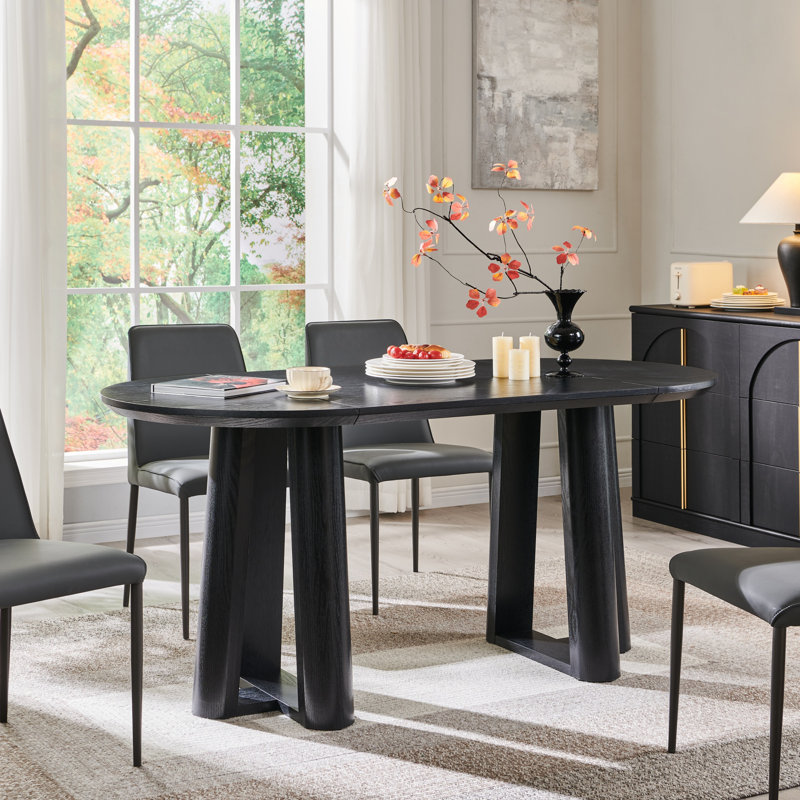 63" Oval Dining Table For 6 With Triangular Structure Pedestal Stable Base & Curved Table Edge, Black Oak