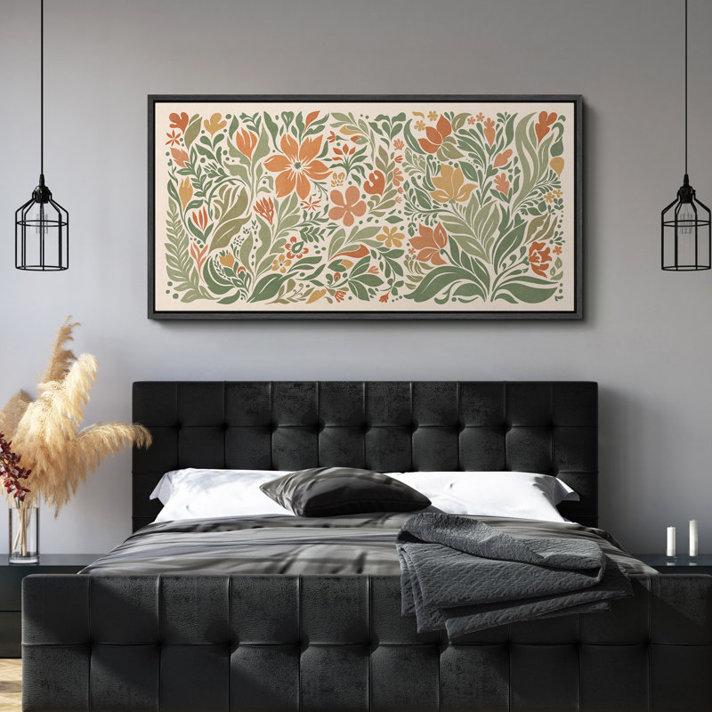Folk Art, jardin floral, art moderne, H 30 po x l 60 po, Noir, noir, noir, noir
