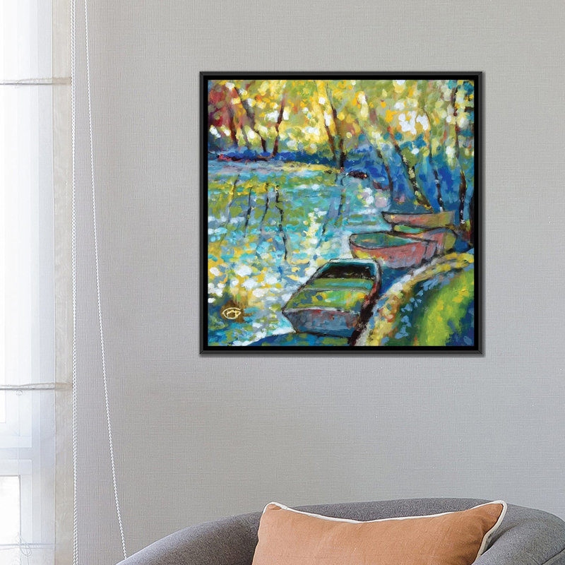 « summer bateau », impression sur toile, H 18 po x l 18 po x P 1,5 po, Toile avec cadre noir, Pas de tapis