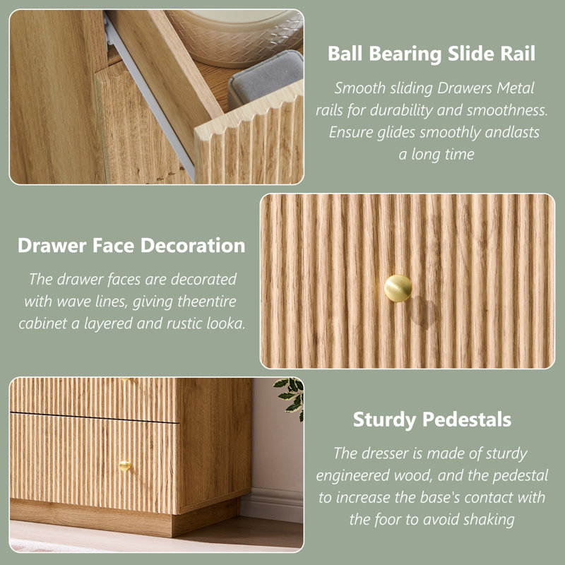 Aberdeen Fluted 5-Drawer Dresser, 45" Tall Dresser Storage Organizer, Chest of Drawers with Deep Storage, Modern Bedroom Chest for Closet Hallway, Entryway, Living Room, Natural