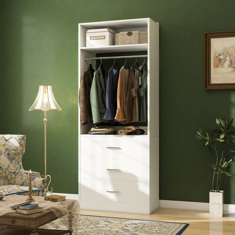 Freestanding Small 24" Closet System With 3 Wood Drawers, White, 80" H x 24" W x 15" D