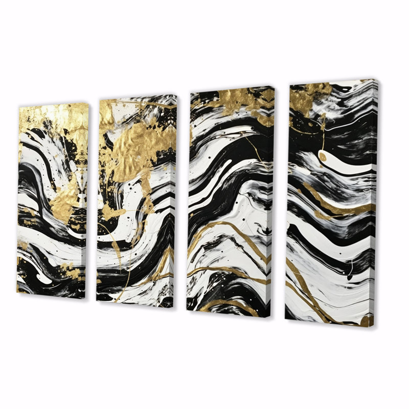 Wild Wave Bliss, abstrait, blanc, doré, noir sur toile, 4 pièces