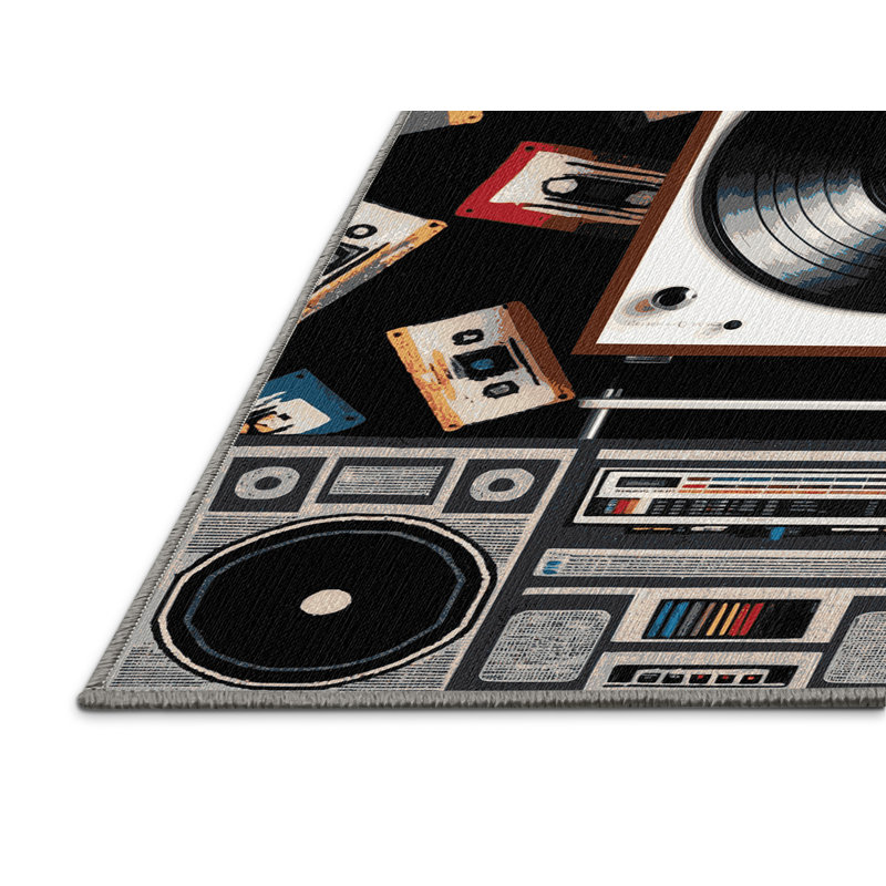  Washable Record Player and Cassette Tapes Music Area Rug, Rectangle 2' x 3'