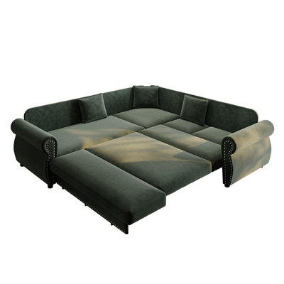 L-Shaped Sectional Sofa with Pull-Out Bed, Convertible Sleeper Sofa with Nailhead Trim and Rolled Arms