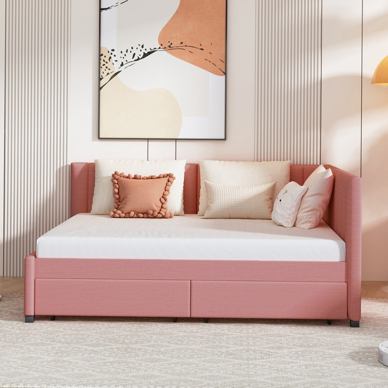 Lit de jour en tissu d'ameublement avec 2 tiroirs Kupono, Rose, Plein