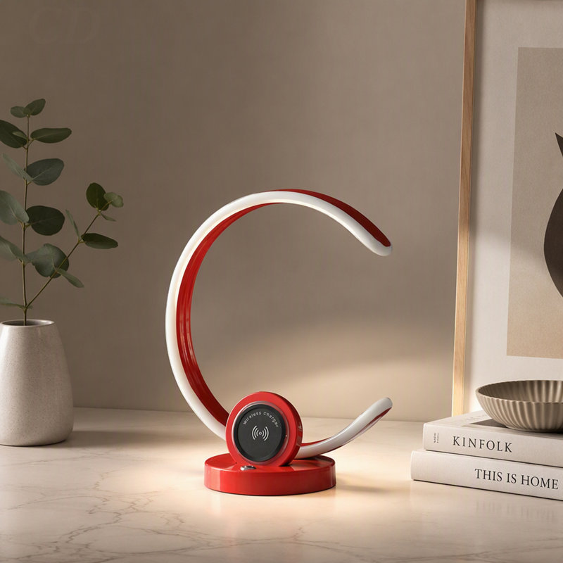 Lampe de table DEL moderne en forme de C de 33,7 cm (13,25 po) rouge vif avec port de chargement USB/sans fil et variateur tactile