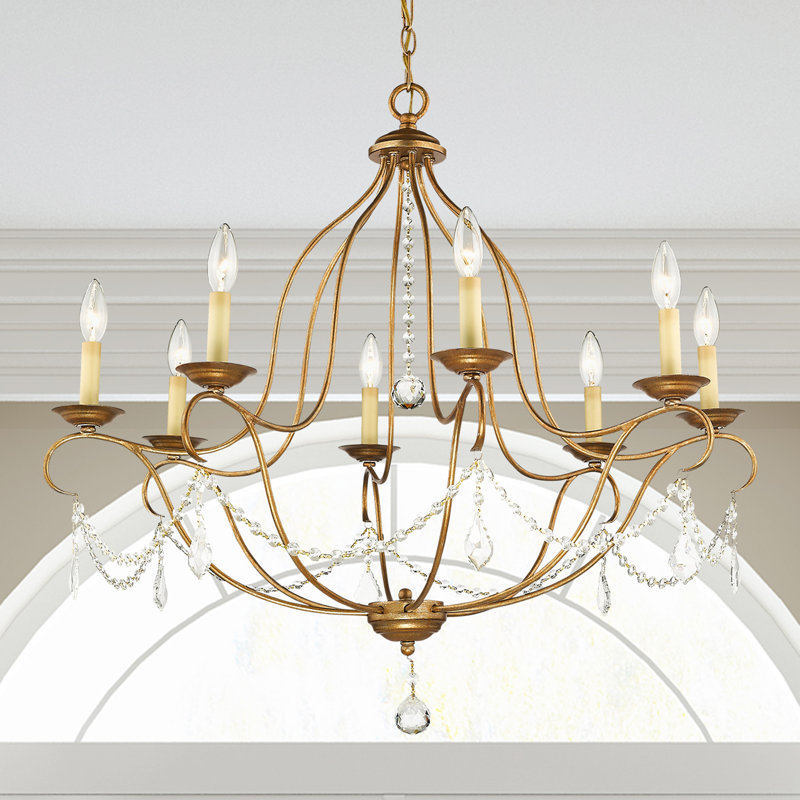 Lustre empire à 8 lumières de style empire avec détails en cristal Alexsa, Feuille d'or antique