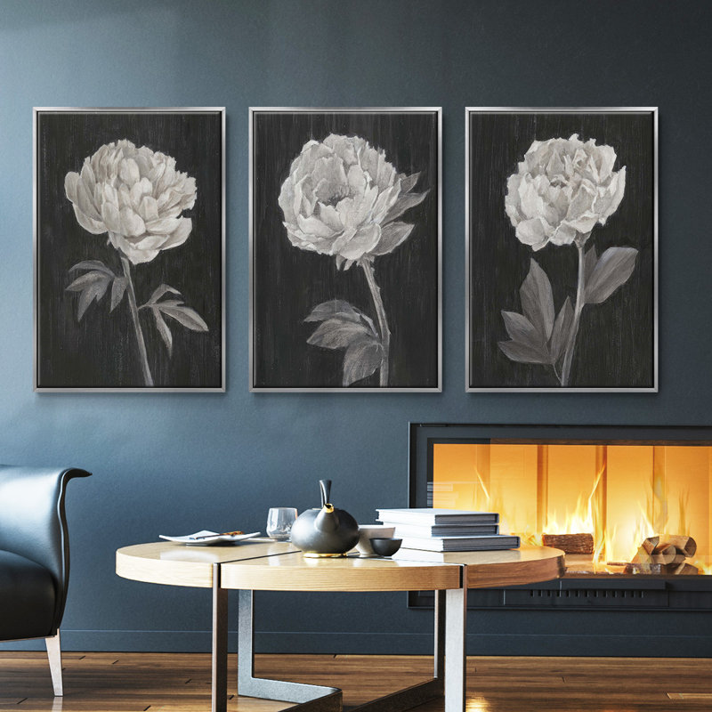 Fleurs noires et blanches I 3 pièces, Argent, H 40 po x l 78 po