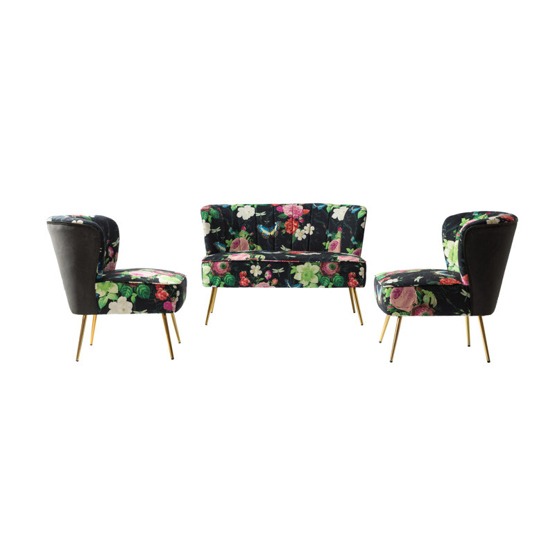 Ensemble de salon rembourré en polyester 3 pièces avec pieds en métal , 100% polyester noir / vert / rose