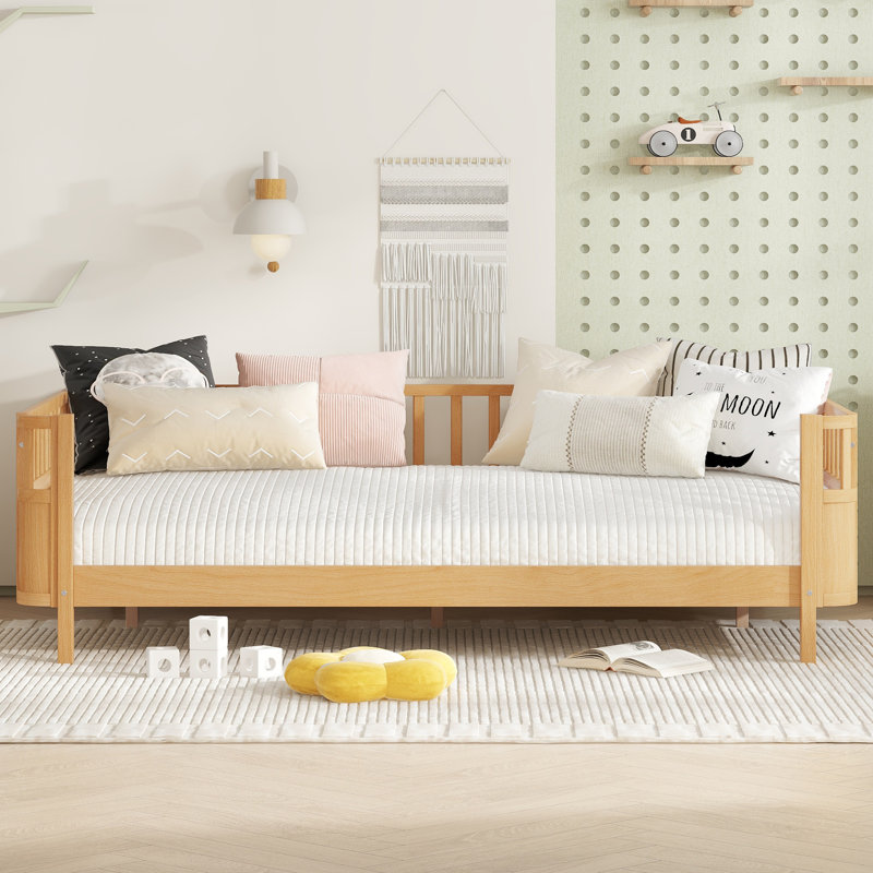 Full Size Kids Platform Bed with Safety Guardrails & Detachable Fence, Wood Frame for Bedroom,Natural, Natural, Full
