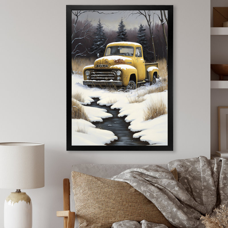 Jaune et brun, camionnette rétro - art mural rétro sur toile, L 30 po x H 40 po, Cadre photo noir