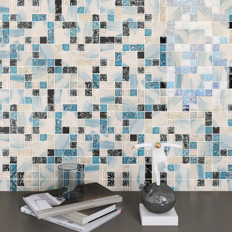 Crackle 11.75'' X 11.75'' Glossy Glass Subway Tile, Blue/Black