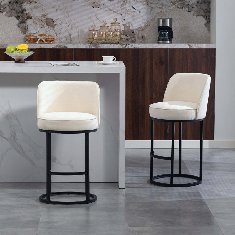 Ensemble de 2 tabourets de bar à hauteur de comptoir - motif tonneau - tissu de lin - pieds, Beige