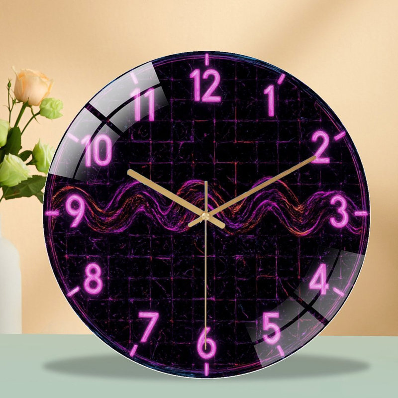 Glowing Clock Face Wavy Line Art - 12'' Modern Glass Wall Clock