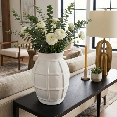 Kenith Vase Paper Mache Raised Grid Texture Modern Casual Home Decor For Living Room Bedroom Office - White
