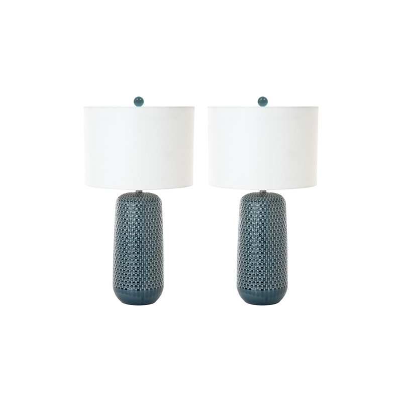 Set of Two 30" Blue Ceramic Geometric Table Lamp With White Drum Shade