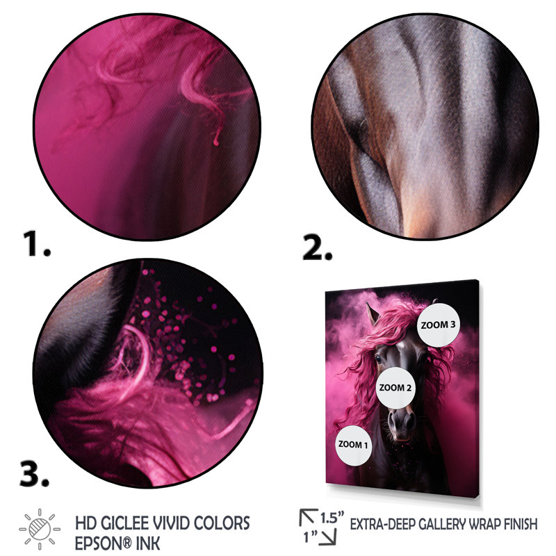 «Black Pink Horse Vibrant Equine III», reproduction d'art sur toile, H 44 po x l 34 po x P 1,5 po, Cadre photo noir