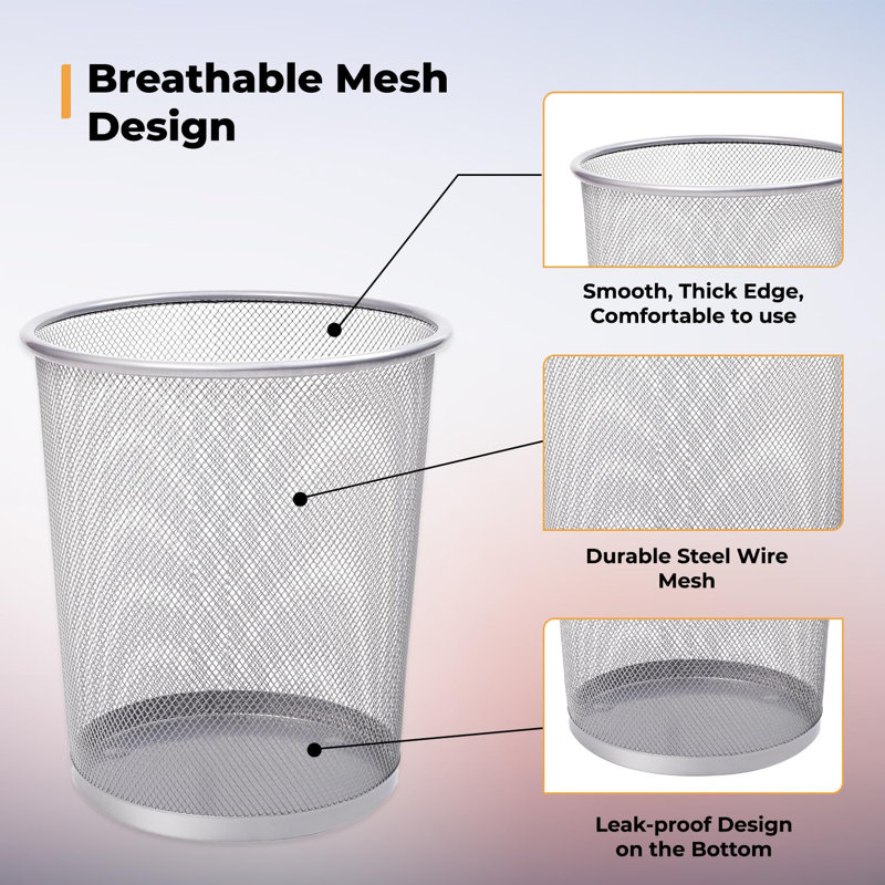 Bensonhurst Silver Round Metal Mesh Open Waste Paper Bin Lightweight Circular Mesh Trash Can (12L)