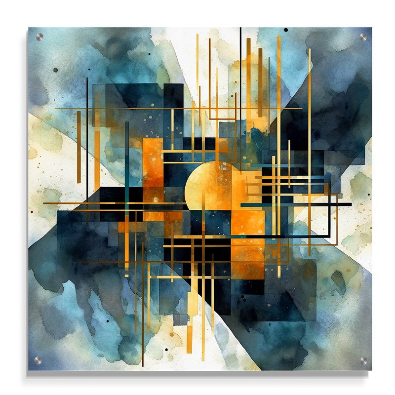 «Lamarius», art mural acrylique abstrait en forme de réalités abstraites bleues pour le salon, H 16 po x l 16 po