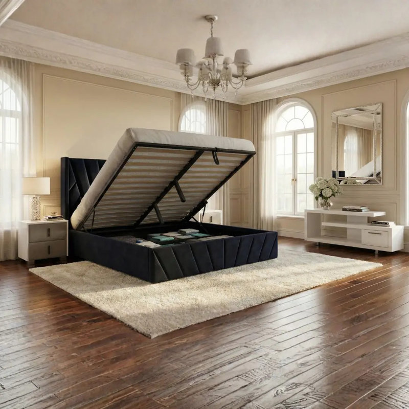 Iginia Upholstered High Headboard Storage Bed w/Hydraulic Gas Lift, Wood Slat System & Under Bed Storage, Queen, Black