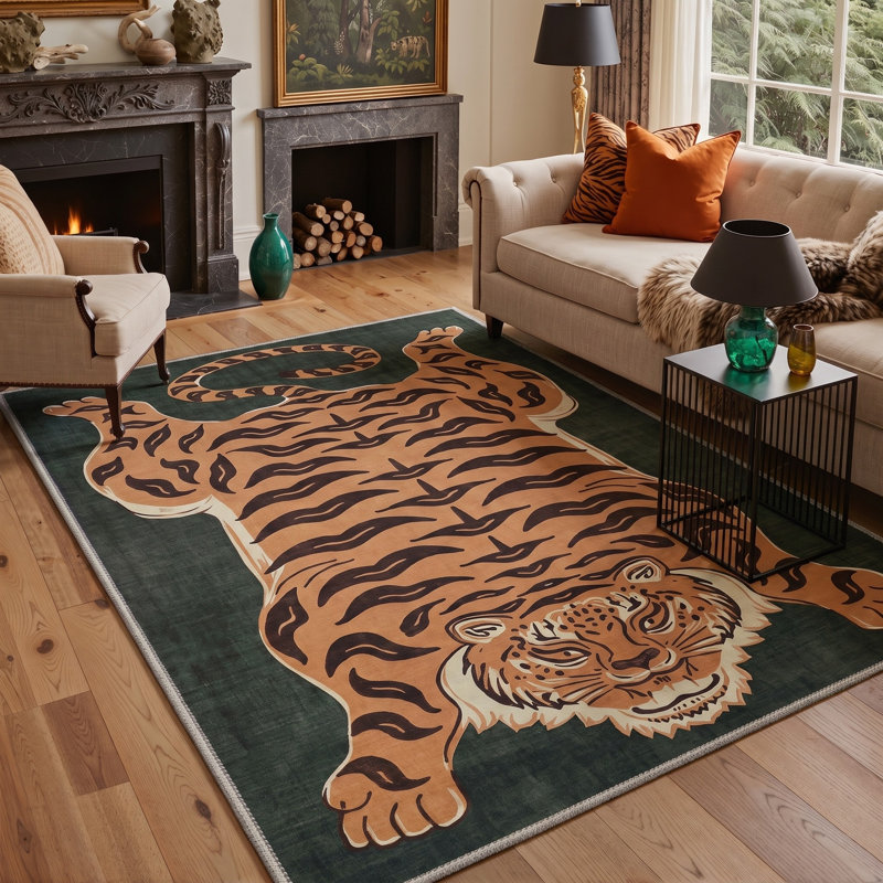 Tapis noir / brun à imprimé animal lavable à la machine avec envers antidérapant, Rectangle 120 po x 96 po