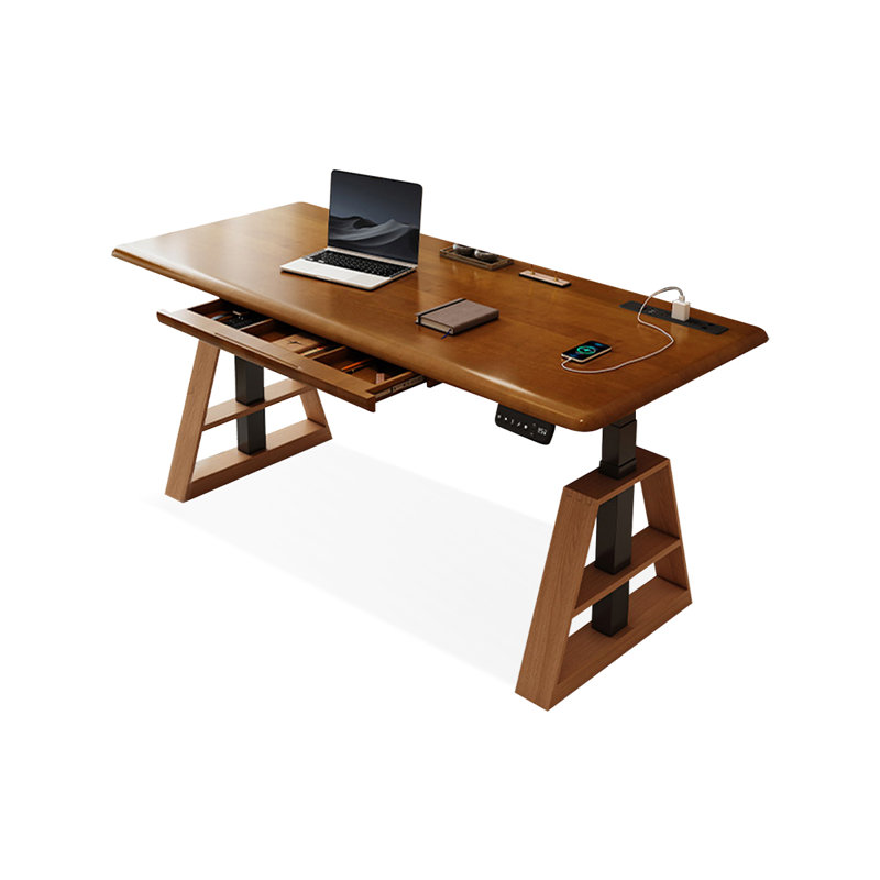 Bureau à 1 tiroir en bois massif noisette + noir rectangulaire réglable en acier massif + acier