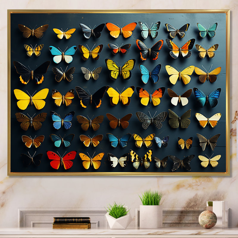 Collage de papillons colorés flottants - impression sur toile de papillons pour salon, Cadre flottant doré
